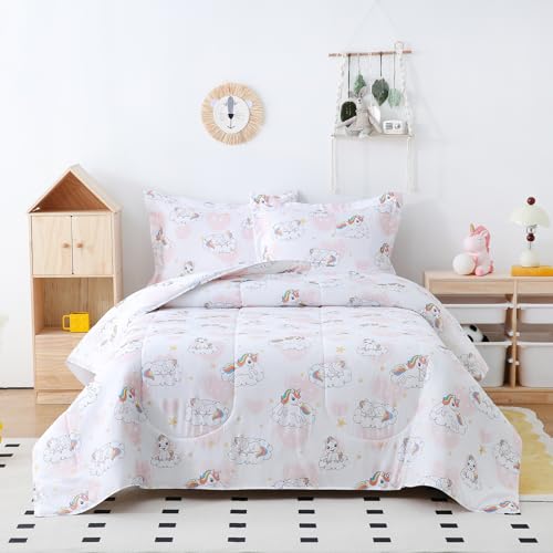 Image of Yibeizi Kids Unicorn Full Bed Comforter Set Pink Heart Bedding