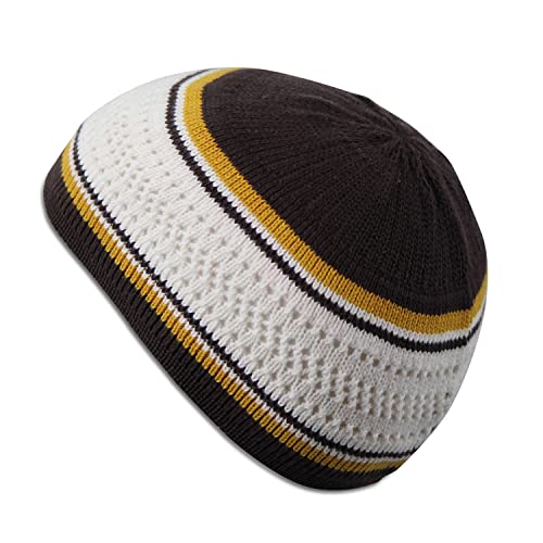 Skull Caps For Men & Women In Solid And Striped Designs | Cotton Helmet Liner Sports Beanie Kufi (Brown And White With Gold Stripes) #TOP2