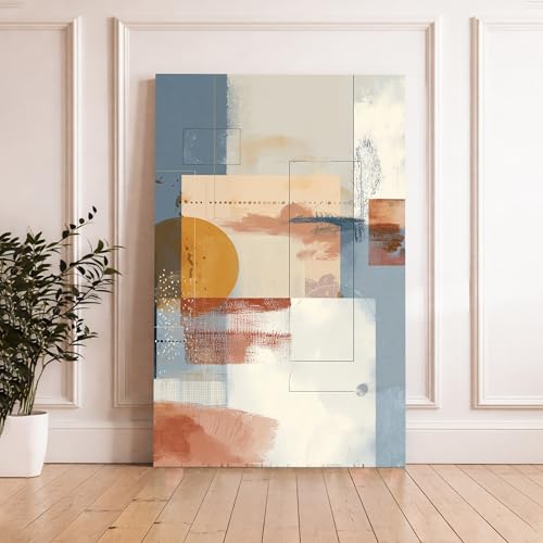 Image of Modern Abstract Stretched Canvas Painting For Living Room | Multicolor Geometric Stretched Canvas Wall Art For Livingroom Home Decor, Bedroom, Hallway's, Office, Hotel - 56x86 cm