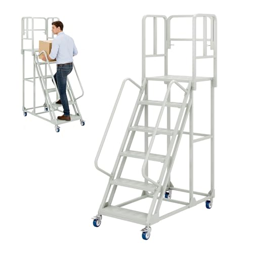 Hymula 6-Step 24''Wx90''H Rolling Ladder with Dual Handrails, Lockable Wheels,1200LBS Capacity Industrial Warehouse Rolling Stairs, Heavy Duty Mobile Platform Ladder for Warehouse, Supermarket, Garage