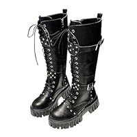 gothic boots women Platform Boots for Women Handsome Goth Thick Booties Women's Motorcycle Winter Punk Style High Knee High Chunky Heel Gothic Boot Combat Booties Zip knee boot womens Black 5