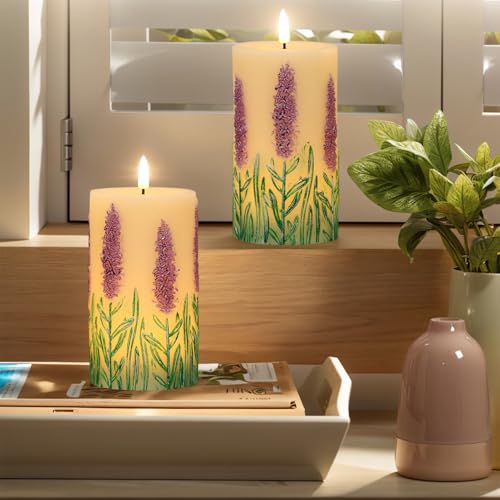 Image of Lavender Flameless Candles Battery Operated with 6 Hour Timer 3D Wick Flickering LED Pillar Candles Real Wax Hand-Painted Dinner Christmas Holiday Decor(2 Pack, 3 inch D x 6.5 inch H)