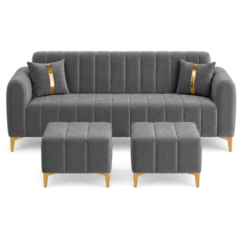 Image of FURNY Harmony 5 Seater L Shape Sofa Set with 2 Movable Ottoman & Golden Legs | Flexible Left or Right Layout | Plush Velvet Fabric (Dark Grey) | Perfect for Living Room, Guest Room, Office