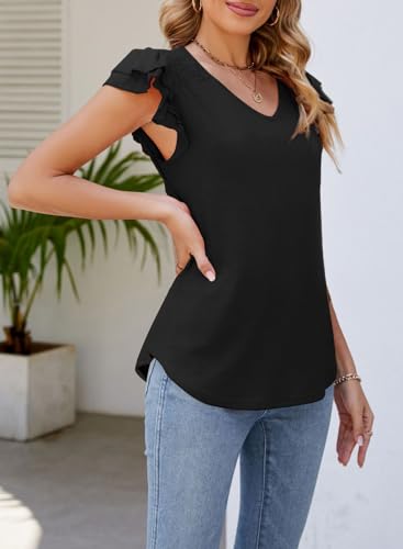 Dokotoo Women's Casual Ruffle Short Sleeve Tops Cute Solid Color Knit Ribbed T Shirts Blouses3