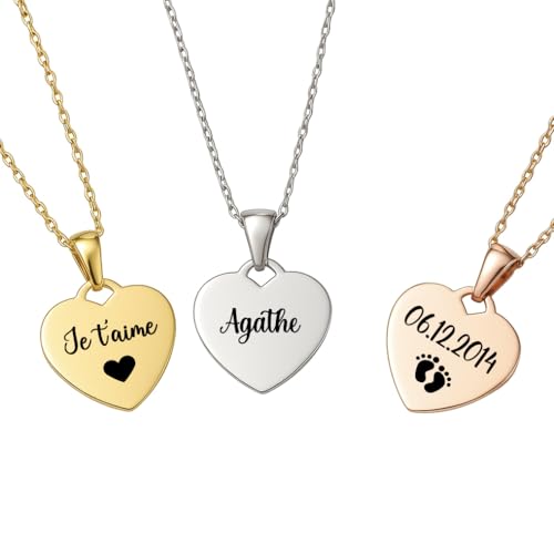Collier Cœur Personnalisé Femme – Acier Inoxydable 316L, Gravure Prénom/Date/Message – 3 Coloris (Or, Argent, Or Rose) – Chaîne 35 cm + Extension 5...