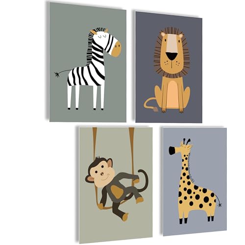 mojoliving Bilder Kinderzimmer jungen Baby Zimmer Poster Set Wandbilder Kinderzimmer mädchen Babyzimmer Deko Bilder für Baby Zimmer Dekoration (Safari)