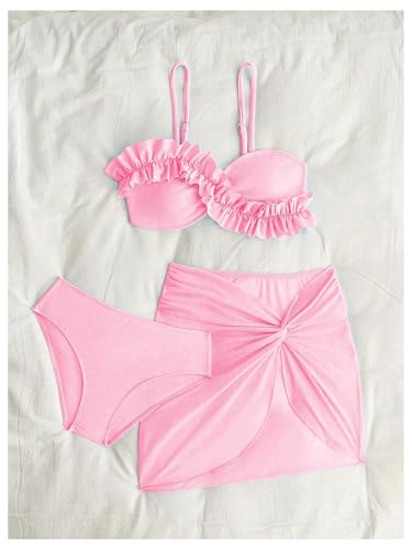 Girl's 3 Piece Bikini Set Cute Ruffle Trim Swimsuits Bathing Suits with Twist Knot Beach Skirts3