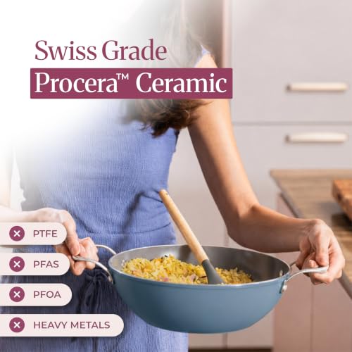 Image of Asai Ceramic Non Stick Kadai 24cm (2.5L) with Glass Lid & Silicone Spatula | Blue | Swiss Ceramic Coating | Gas & Induction Compatible | Stay-Cool Handles | Lab-Tested | 100% Toxin Free
