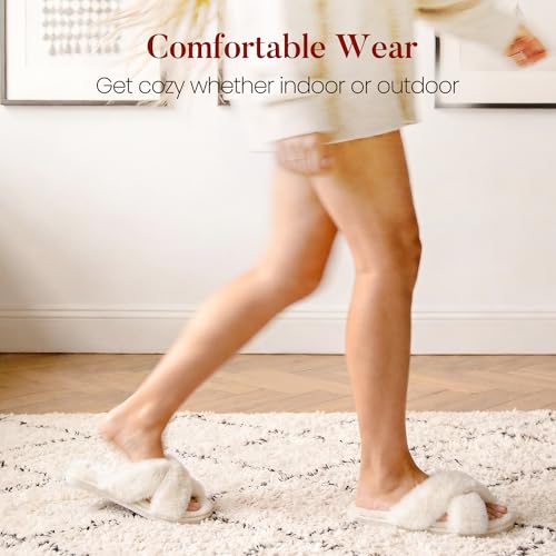 Image of Ankis Memory Foam Fuzzy Slippers for Women,Open Toe House Shoes | Faux Fur Cross Band,Indoor Outdoor Slippers, Anti-Slip, Comfy, Cozy, Fluffy, Gifts for Women, Mom Bride Bridesmaids