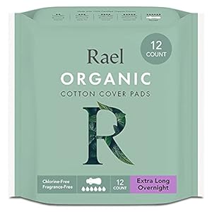 Rael Organic Cotton Cover Pads Heavy Absorbency, Unscented, Ultra Thin Pads for Women, Postpartum (Extra Long Overnight, 12 Count)