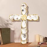 QEQEKAKA Cross Wall Decor - Handmade Oyster Shells Cross Wood Wall Decor for Christian Wall Art Decor Religious Gift Indoor Outdoor Home Decor
