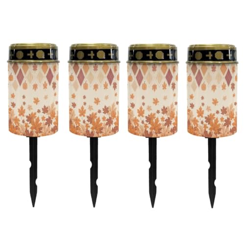 Image of Poceacles Solar Powered Flameless Candle Cemetery Votive Candles Waterproof Outdoor Memorial Solar Stake Lights Home Outdoor Decoration, Fall Maple Leaf Pumpkin Print, Pack of 4