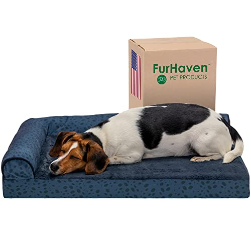Image of Furhaven Cooling Gel Dog Bed for Medium /Small Dogs w / Removable Bolsters & Washable Cover, For Dogs Up to 35 lbs - Plush & Almond Print L Shaped Chaise - Blue Almonds, Medium