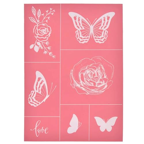 MANGOUSONG Screen Printing Kit,19.5x14cm Pink Butterfly Flower Silk Screen Stencils Reusable Silkscreen Print Kit for Printing Handbag Decoration Template ?Seal Tools