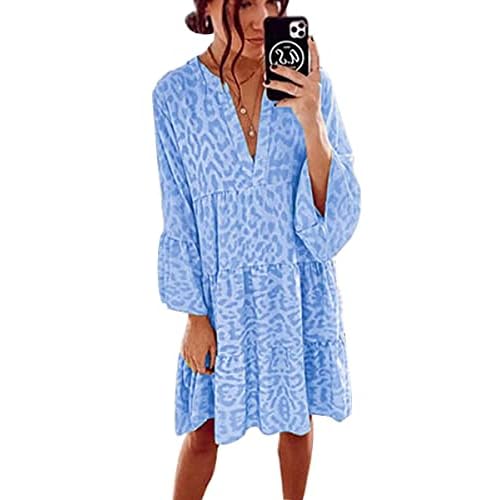 ORANDESIGNE Sommerkleid Damen Knielang V-Ausschnitt Böhmen Strandkleid 3/4 Ärmel Casual Tunika Kleid Retro Mini Kleider A-Linie Volantkleider Freizeitkleider A Hellblau L