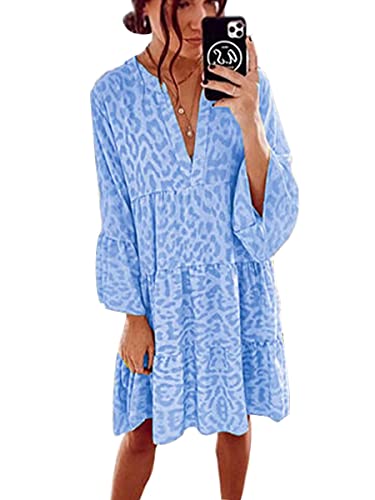 ORANDESIGNE Sommerkleid Damen Knielang V-Ausschnitt Böhmen Strandkleid 3/4 Ärmel Casual Tunika Kleid Retro Mini Kleider A-Linie Volantkleider...