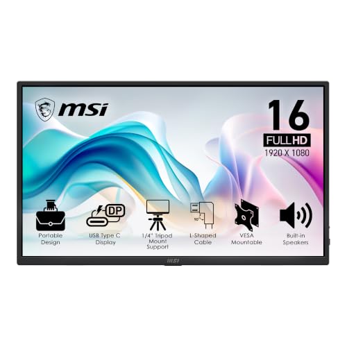 Image of MSI PRO MP165 E6 16-Inch Portable Monitor, 1920x1080 FHD, IPS Panel, 60Hz, 4ms, USB Type-C (DP Alt Mode & 15W PD), Mini HDMI 2.0b, Built-in Speakers, Ultra Slim, Tripod Mount, Anti-Glare, Black