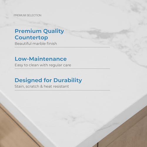 Image of OVE Decors Athea 60 in. Double Sink Freestanding Sahara Birch Bathroom Vanity with White Engineered Marble Top, Matching Backsplash, Power Bar and Brushed Gold Hardware