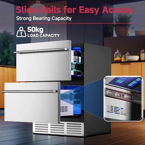 Image of 24 inch Under Counter Refrigerator, Stainless Steel 2-Drawer Fridge, Silver
