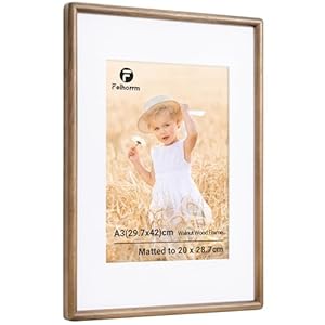 Feihorrm A3 Picture Frame, Handcrafted Rounded Corner Solid Wood Frame with HD Tempered Glass, A3(29.7x42cm) with Mount for A4(20×28.7cm) for Wall Display
