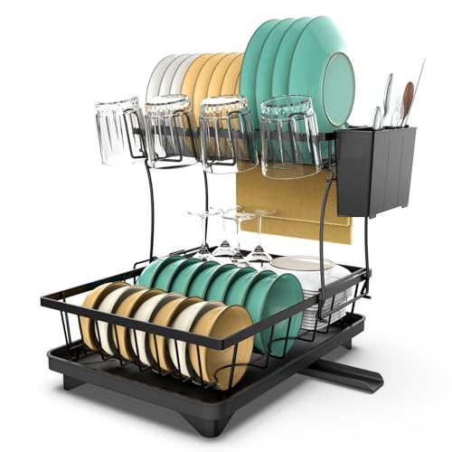 karadrova Escurreplatos, Escurridor Fregadero, Escurre Platos Pequeño para 1-3 Personas, Negro, Escurridor de Cubiertos y Soporte para Tabla de Cortar