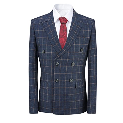 Cloudstyle Mens Blue Slim Fit 3 Piece Checked Suits Double Breasted Vintage Fashion,Navy,Medium #TOP1