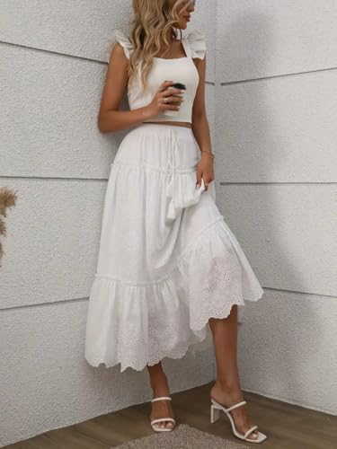 Women's Casual Skirts Summer 2025 Lace Embroidery Eyelet Elastic Waist Flowy Tiered A-Line Beach Maxi Boho Skirt4