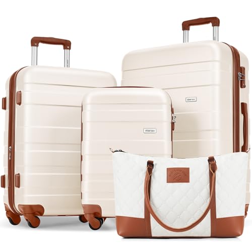 Image of Merax 4 Piece Set ABS Hardside Suitcase Set Lightweight, Tough Scratch Resistant, Black Brown Stripe, 4-Piece Set