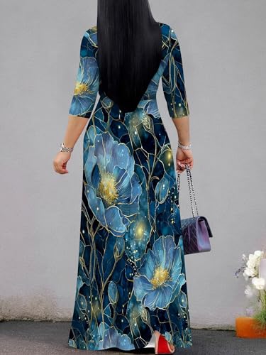 Image of Plus Size Dresses for Women Floral Print Maxi Dress Flowy 3 /4 Sleeve with Belt