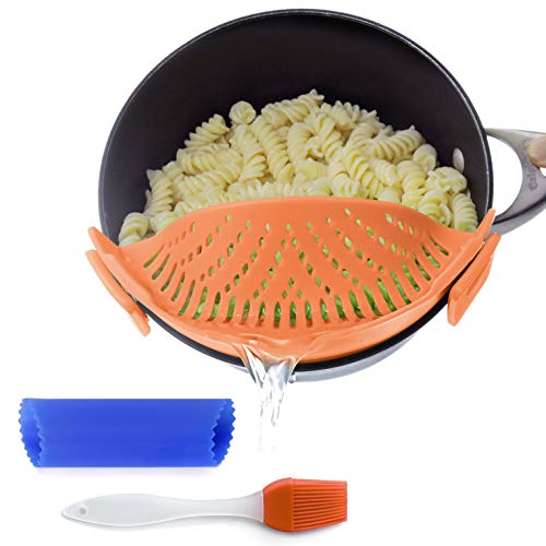 Salbree Küchensieb zum Anklipsen, für Spaghetti, Nudeln, gemahlenes Rindfett, Sieb und Einrasten an Schüsseln, Töpfen Pfannen, Set enthält Silikonsieb, Bürste Knoblauchschäler (orange) Cover