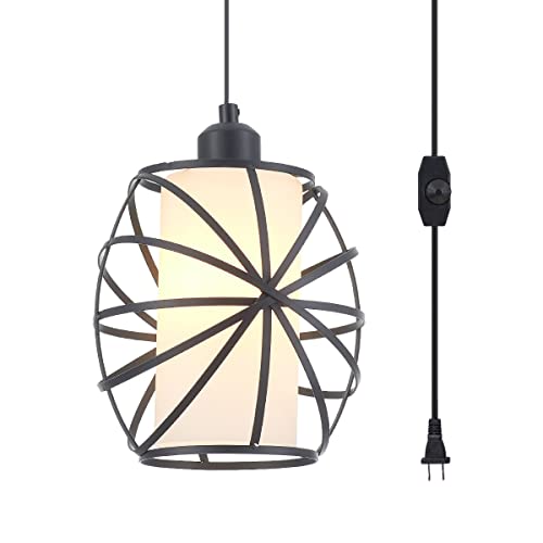 YLONG-ZS Hanging Lights with Plug in Cord，Glass Pendant Lighting Plug in,Blake Dimmerable Hanging Lamp， Swag Lamp for Kitchen Island,Bedroom,Living Room,Dining Room YL26B-Black