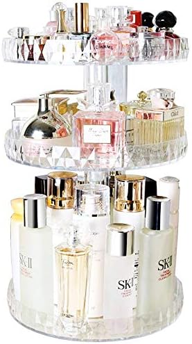 BOTIDE Diamond Pattern Perfume Organizer, 360 Rotating Makeup Organizer, Diamond Cosmetic Storage Box Transparent Acrylic Swivel Shelf Desktop Skin Care Product Dresser Finishing