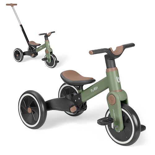 KikkaBoo Triciclo Evolutivo de Bebé 5 en 1 Flash, Desde 18 Meses a 4 Años, Transformable en Bicicleta Sin Pedales, con Manillar de Empuje Ajustable, Ligero, Ruedas EVA, Verde Militar