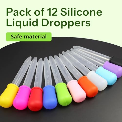 Silikon Pipetten für Kinder, 12er Set 5ml Flüssigkeitstropfer mit 1 Reinigungsbürste, BPA-frei, 12 Farben, Ideal für Süßigkeitenformen, Babyernährung und Laboreinsatz tropfer