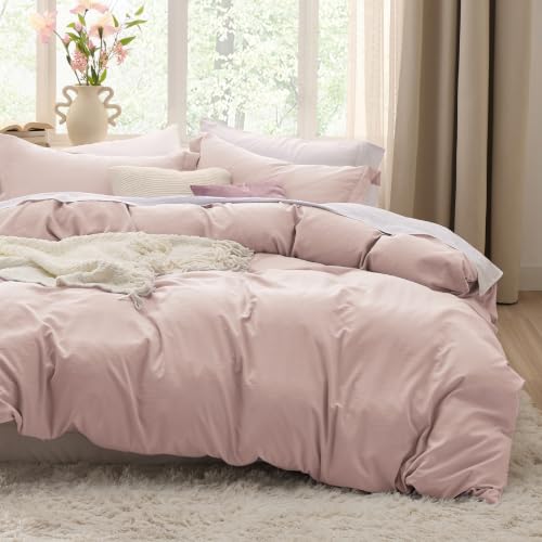 Image of Bedsure Prewashed Duvet Cover Queen, Cotton-Like Bedding Set, Rose Pink | Ultra Soft, Relaxed Texture, 90 inchx90 inch Breathable Comfort, Hidden Zipper, 8 Corner Ties, Easy Care, OEKO-TEX, Year-Round Use