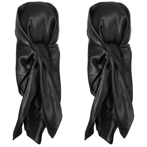 Black Silk Scarf, Satin Head Scarf Set, Large Bandana Neck Scarfs for Women, 2 Pack Sleeping Hair Wrap for Nighttime Hair Care Travel Beach Workout Yoga, Vintage Style Headband Protection