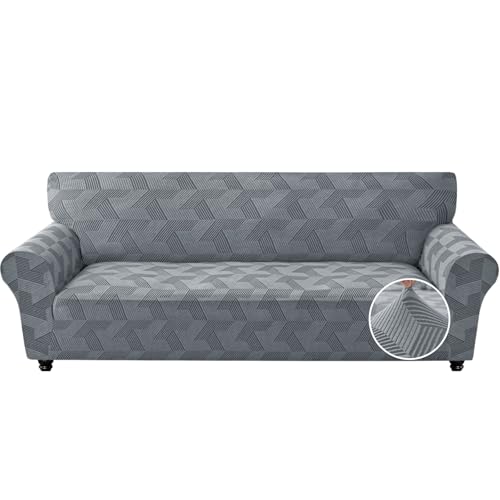 JIVINER 1 Piece Couch Cover for 3 Cushion Couch, Stretch Extra Large Sofa Covers with Elastic Bottom, Washable Oversized Sofa Slipcovers Feature Geometrical Jacquard Fabric (XL Sofa, Light Grey)
