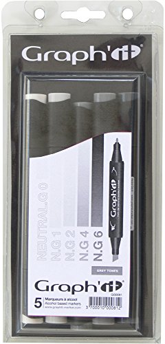 GRAPH'IT - Set of 5 Double Tip Alcohol Markers: Fine and Chisel - Manga Drawing and Illustration - Professional and Beginner - Colour: Grey Tones Series