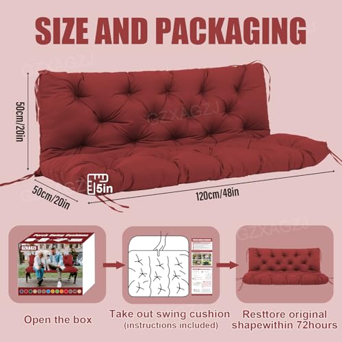 Image of Porch Swing Cushions Outdoor 48 inch Waterproof Swing Cushion 3 Seater Replacement with Backrest and Ties Thicken 5 inch Bench Swing Cushions for Outdoor Furniture Patio(Wine Red48x40x5inch)