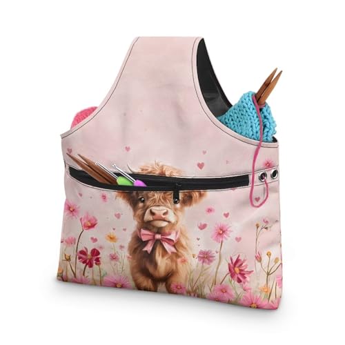 Image of KUIFORTI Highland Cow Yarn Bag Pink Flower Portable Crochet Bag Organizer Portable for Crocheting Knitting Accessories Home Valentines Day Women Gifts
