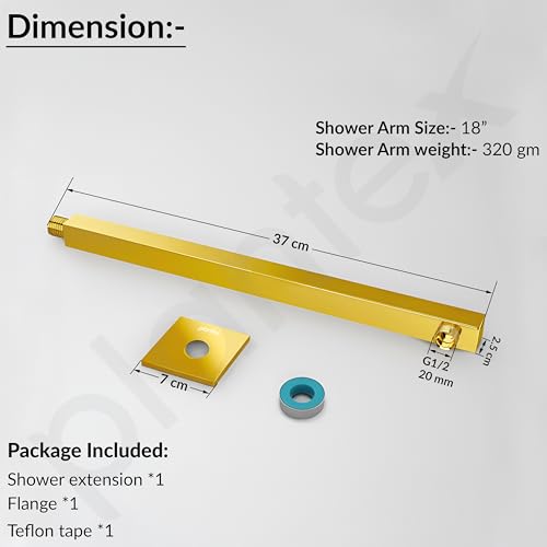 Image of Plantex 14-Inch Shower Arm for Overhead Shower /Stainless Steel Shower Pipe /Wall Mount Bathroom Fitting with -Inch Thread - Pack of 1 (PVD Gold)