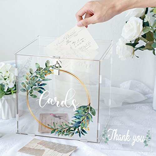 Image of OurWarm Clear Acrylic Card Box with Lock & Slot, Thick DIY Wedding Card Box for Wedding Reception, Large Money Gift Box Eucalyptus Graduation Card Box for Party Graduation Birthday Baby Shower