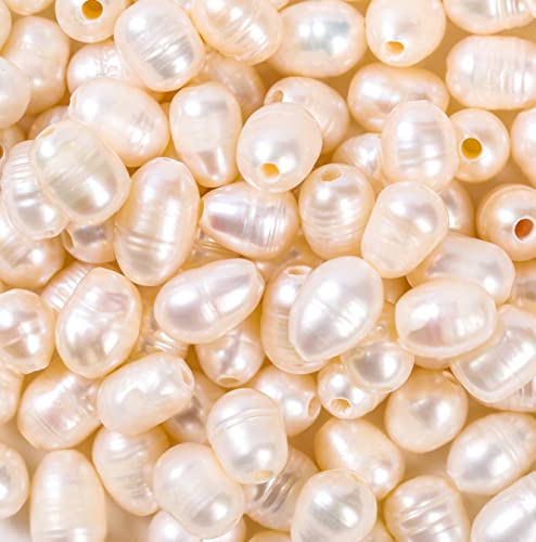 Freshwater Cultured Pearl Beads 100pcs 7-10mm for Jewelry Making Natural Oval Pearl Bead Loose Gemstone 1.8mm Holes for DIY Crafts Necklaces Bracelets Earrings (White)