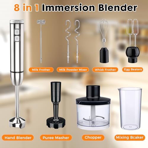Image of Immersion Blender Handheld Cordless 8 in 1 Hand Held Blenders Mixer Stainless Steel 25 Speed Turbo Mode Electric Sitck Beaker Chopper Milk Frother Grinder