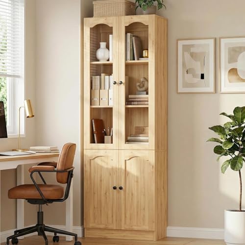 Image of Cyclysio 80 inch Tall Pantry Cabinet with 4 Doors, Natural Oak Kitchen Pantry Storage Cabinet with Built-in Baseboard Notch & Adjustable Shelves - Kitchen Storage Cabinet for Dining, Living, Office