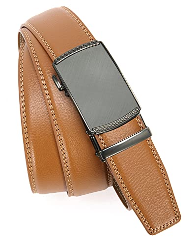 Image of Chaoren Leather Ratchet Belt 2 Pack Dress with Click Sliding Buckle 1 3 /8 inch in Gift Set Box - Adjustable Trim to Fit