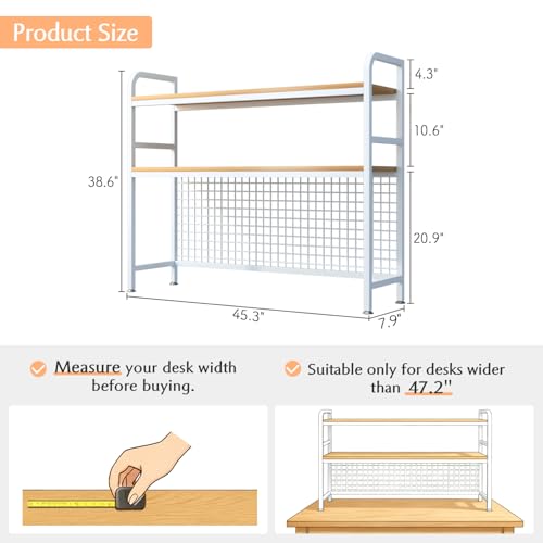 Image of IOTXY 2-Tier Desktop Hutch Bookshelf - Metal Desk Shelf Bookcase with Grid Panel, Countertop Storage Organizer Rack for Dorm or Office, White, 45.3 inch W