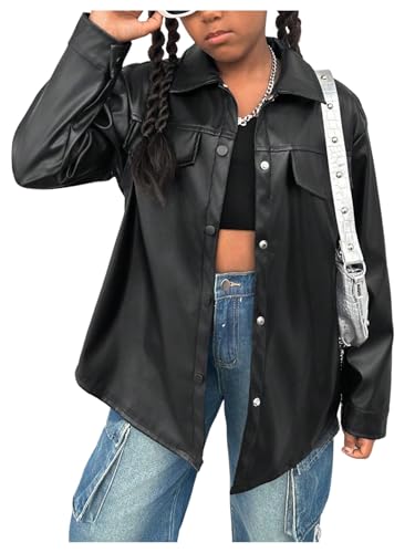 Girl's Fax PU Leather Jacket Button Down Long Sleeve Collared Coat Outerwear