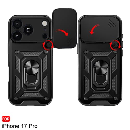 Image of TheGiftKart Tough Armor Bumper Back Cover Case for iPhone 17 Pro | Rotating Camera Cover, Kickstand & Ring Holder | 360 Degree Protection Back Cover Case for iPhone 17 Pro (PC & TPU, Black)