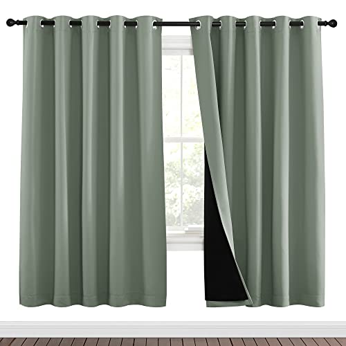 Image of NICETOWN 100% Blackout Window Curtain Panels, Full Light Blocking Drapes with Black Liner for Nursery, 72-inch Drop Thermal Insulated Draperies (Greyish Green, 2 Pieces, 70-inch Wide Per Panel)